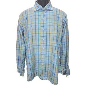 Peter Millar Mens Blue Plaid Long Sleeve Button-Down Shirt Large
